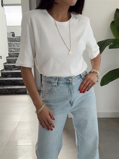 Beyaz Vatkalı Basic Tişört