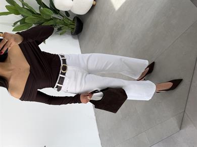 Beyaz Wideleg Likralı Kemerli Pantolon