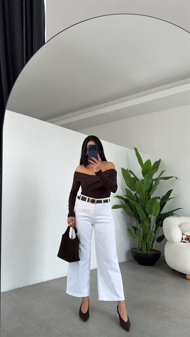 Beyaz Wideleg Likralı Kemerli Pantolon