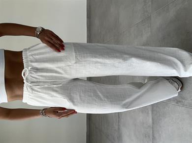 Beyaz Yama Cepli Bol Paça Keten Pantolon