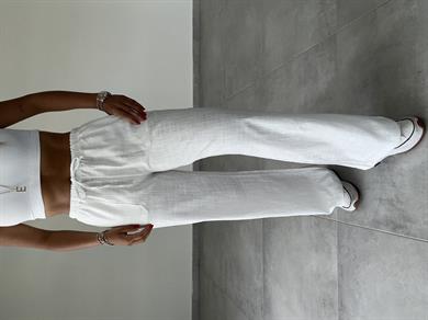 Beyaz Yama Cepli Bol Paça Keten Pantolon