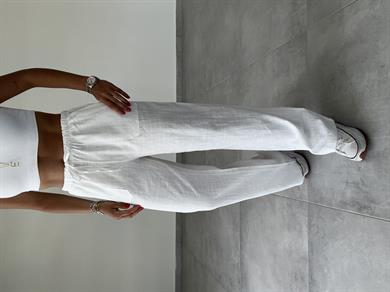 Beyaz Yama Cepli Bol Paça Keten Pantolon