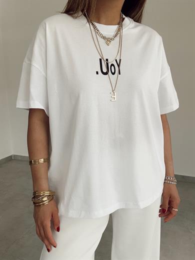 Beyaz You Baskılı Tişört