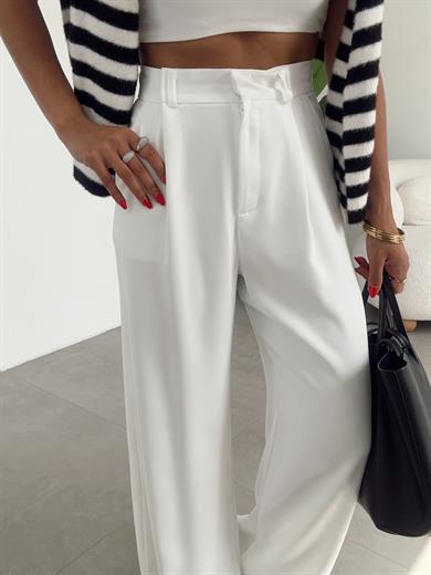 Beyaz Yüksek Bel Premium  Palazzo Pantolon