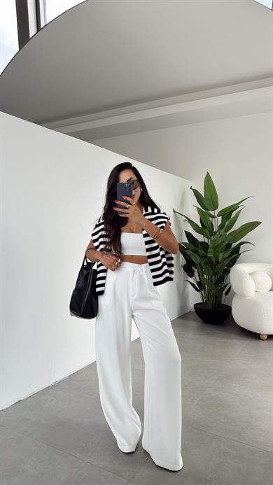 Beyaz Yüksek Bel Premium  Palazzo Pantolon