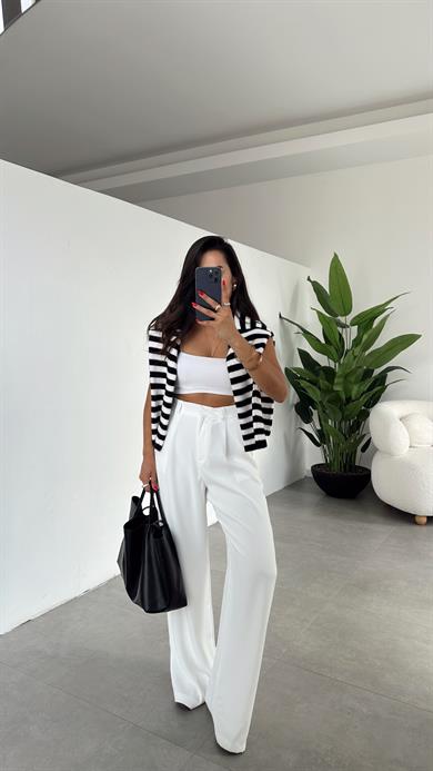 Beyaz Yüksek Bel Premium  Palazzo Pantolon