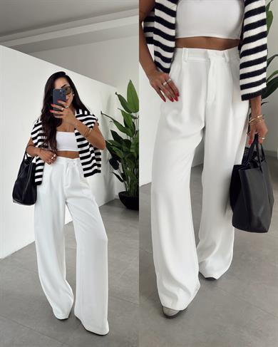 Beyaz Yüksek Bel Premium  Palazzo Pantolon