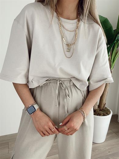 Bisiklet Yaka Crop Tişört Taş