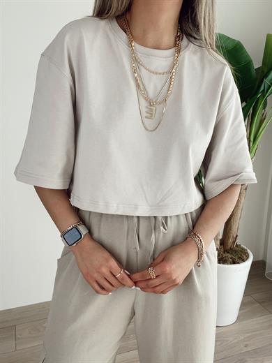 Bisiklet Yaka Crop Tişört Taş