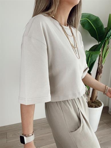 Bisiklet Yaka Crop Tişört Taş