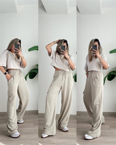 Bisiklet Yaka Crop Tişört Taş