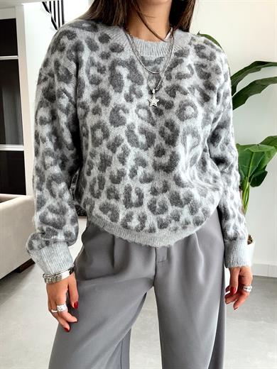 Bisiklet Yaka Leopar Şardonlu Gri Triko Kazak