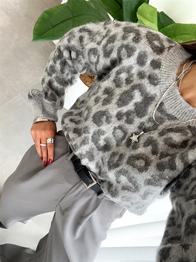 Bisiklet Yaka Leopar Şardonlu Gri Triko Kazak