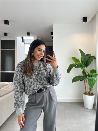 Bisiklet Yaka Leopar Şardonlu Gri Triko Kazak