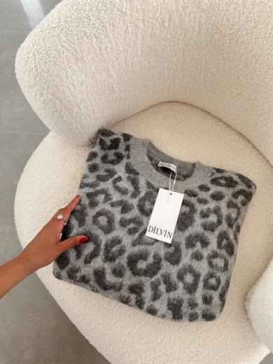 Bisiklet Yaka Leopar Şardonlu Gri Triko Kazak