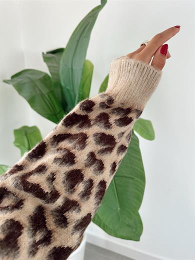 Bisiklet Yaka Leopar Şardonlu Kahve Triko Kazak