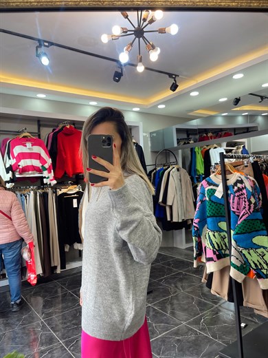 Bisiklet Yaka Salaş Gri Kazak