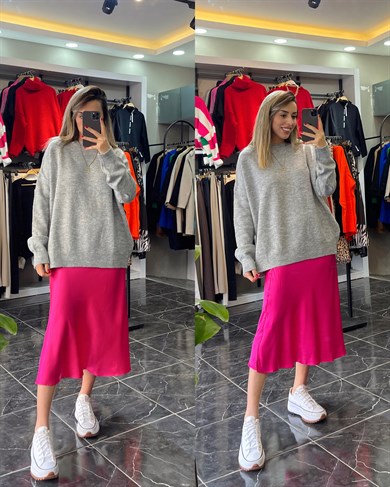 Bisiklet Yaka Salaş Gri Kazak