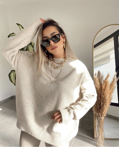 Bisiklet Yaka Salaş Taş Triko Kazak