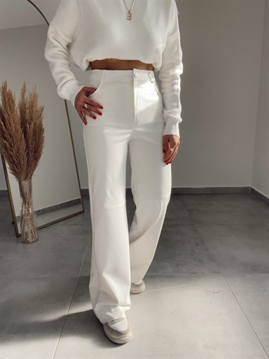 Bol Paça Ekru Deri Pantolon