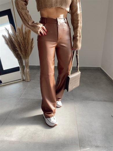 Bol Paça Kahve Deri Pantolon