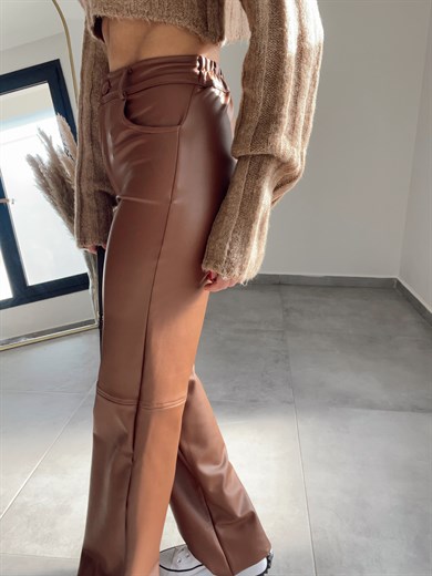 Bol Paça Kahve Deri Pantolon