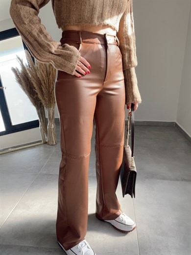 Bol Paça Kahve Deri Pantolon