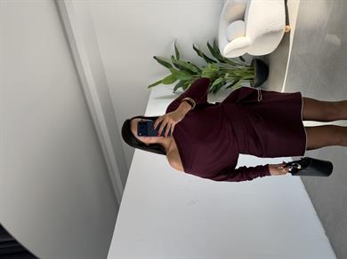 Bordo Asimetrik Uzun Kollu Bluz