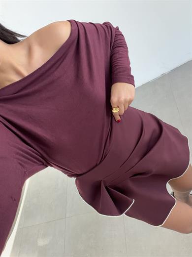 Bordo Asimetrik Uzun Kollu Bluz