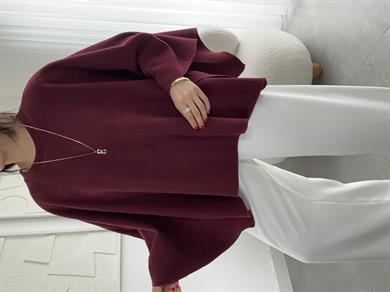 Bordo Asimetrik Uzun Kollu Pelerin