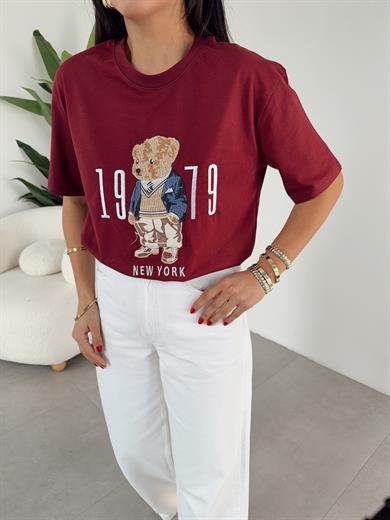 Bordo Ayıcık Baskılı Bisiklet Yaka Tshirt
