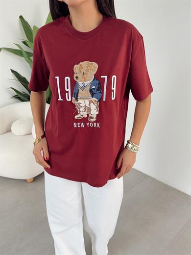 Bordo Ayıcık Baskılı Bisiklet Yaka Tshirt