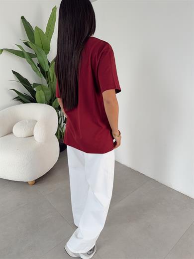 Bordo Ayıcık Baskılı Bisiklet Yaka Tshirt