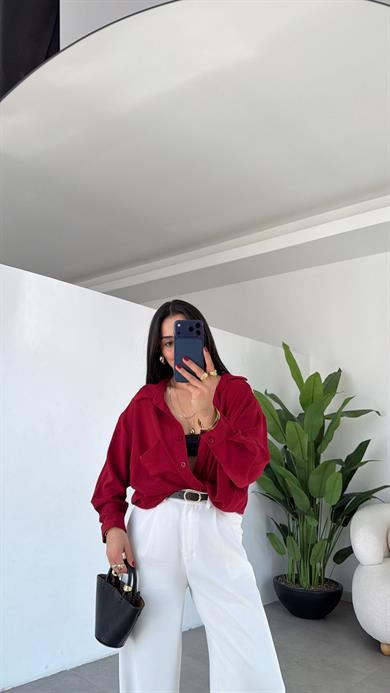 Bordo Ayrobin Cepli Oversize Gömlek