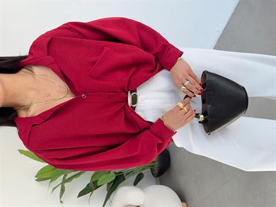 Bordo Ayrobin Cepli Oversize Gömlek