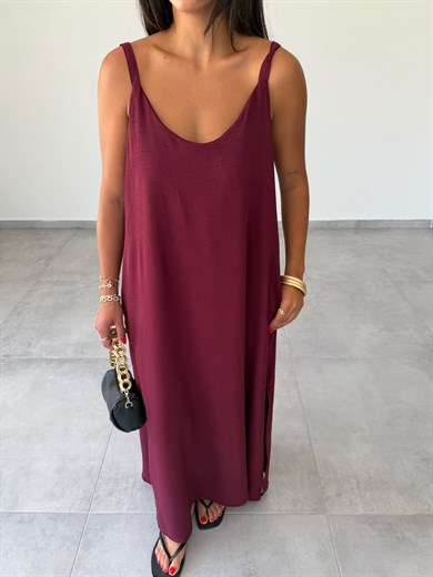 Bordo Ayrobin Maxi Boy Tela Askılı Elbise