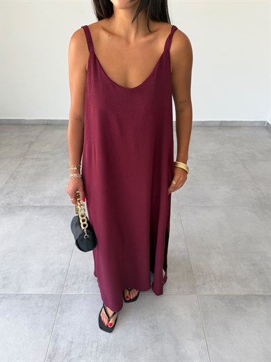 Bordo Ayrobin Maxi Boy Tela Askılı Elbise