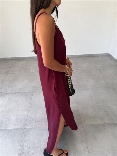 Bordo Ayrobin Maxi Boy Tela Askılı Elbise