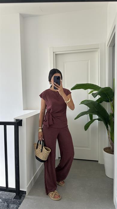 Bordo Bağlama Detaylı Bluz Pantolon Takım