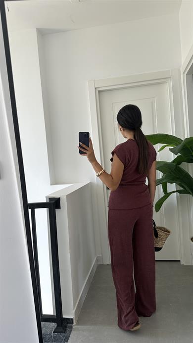 Bordo Bağlama Detaylı Bluz Pantolon Takım