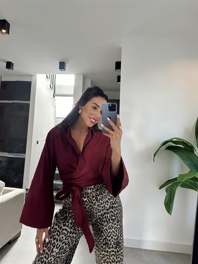 Bordo Bağlamalı Crop Gömlek