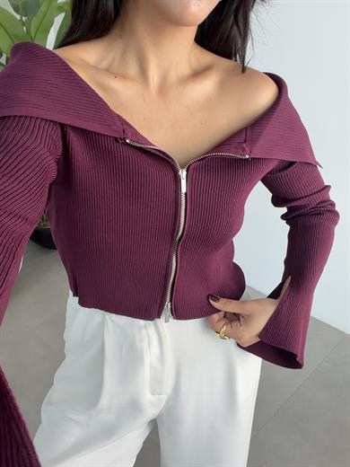 Bordo Bardot Yaka Kol Yırtmaç Detaylı Fermuarlı Triko