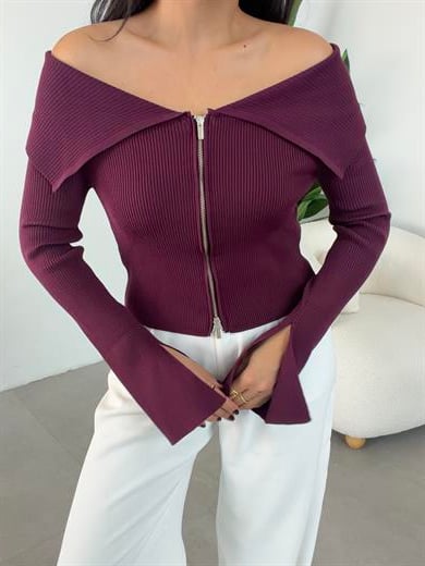 Bordo Bardot Yaka Kol Yırtmaç Detaylı Fermuarlı Triko