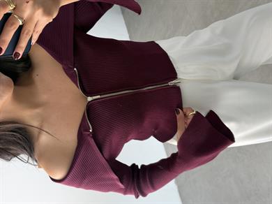 Bordo Bardot Yaka Kol Yırtmaç Detaylı Fermuarlı Triko