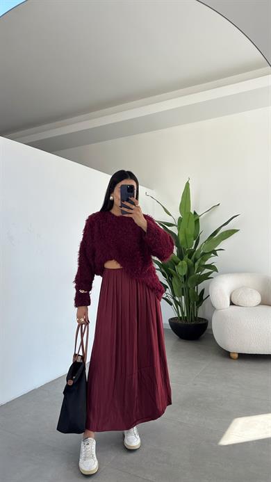 Bordo Beli Lastikli Saten Etek