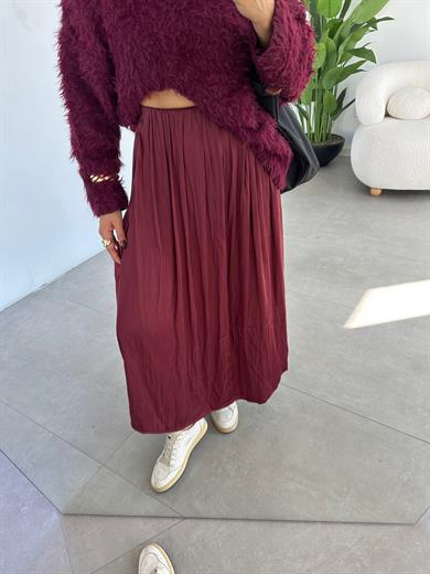 Bordo Beli Lastikli Saten Etek