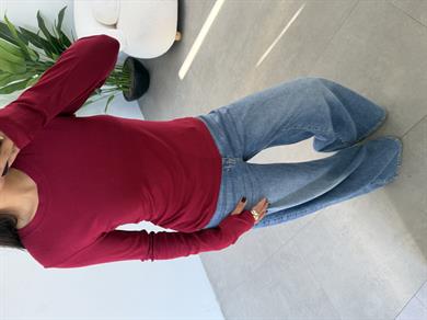 Bordo Beliza Parmak Geçme Bisiklet Yaka Bluz