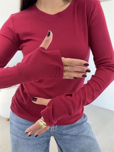 Bordo Beliza Parmak Geçme Bisiklet Yaka Bluz