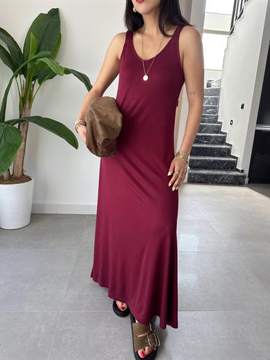 Bordo Büzgü Askılı Modal Kumaş Elbise