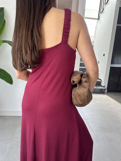 Bordo Büzgü Askılı Modal Kumaş Elbise